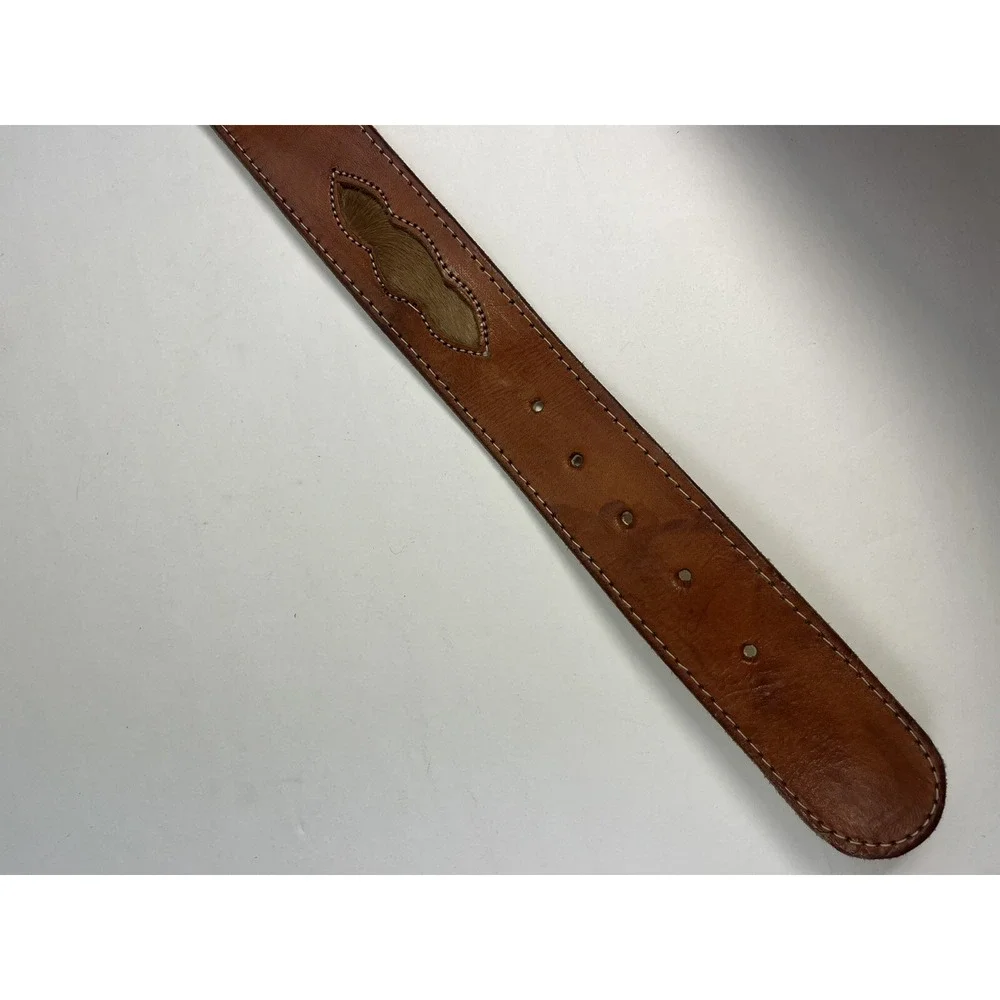 Brown Leather Belt w/ Fur Calf Hair Western Style Large 1 7/8